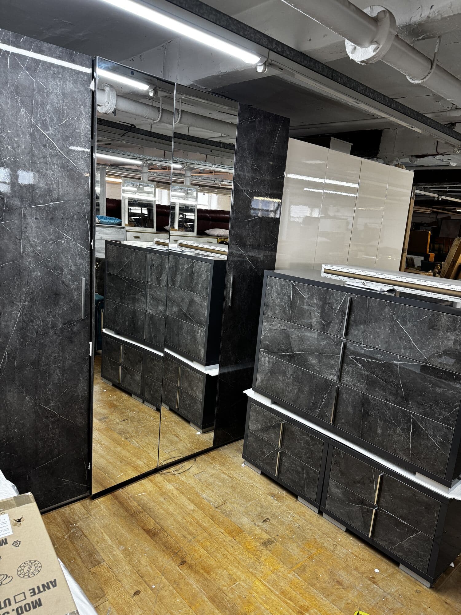 Dark marble effect mirrored wardrobe with matching chests of drawers